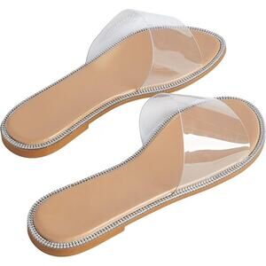 Rhinestone Clear Flat Sandals Open Toe Slide Sandals size